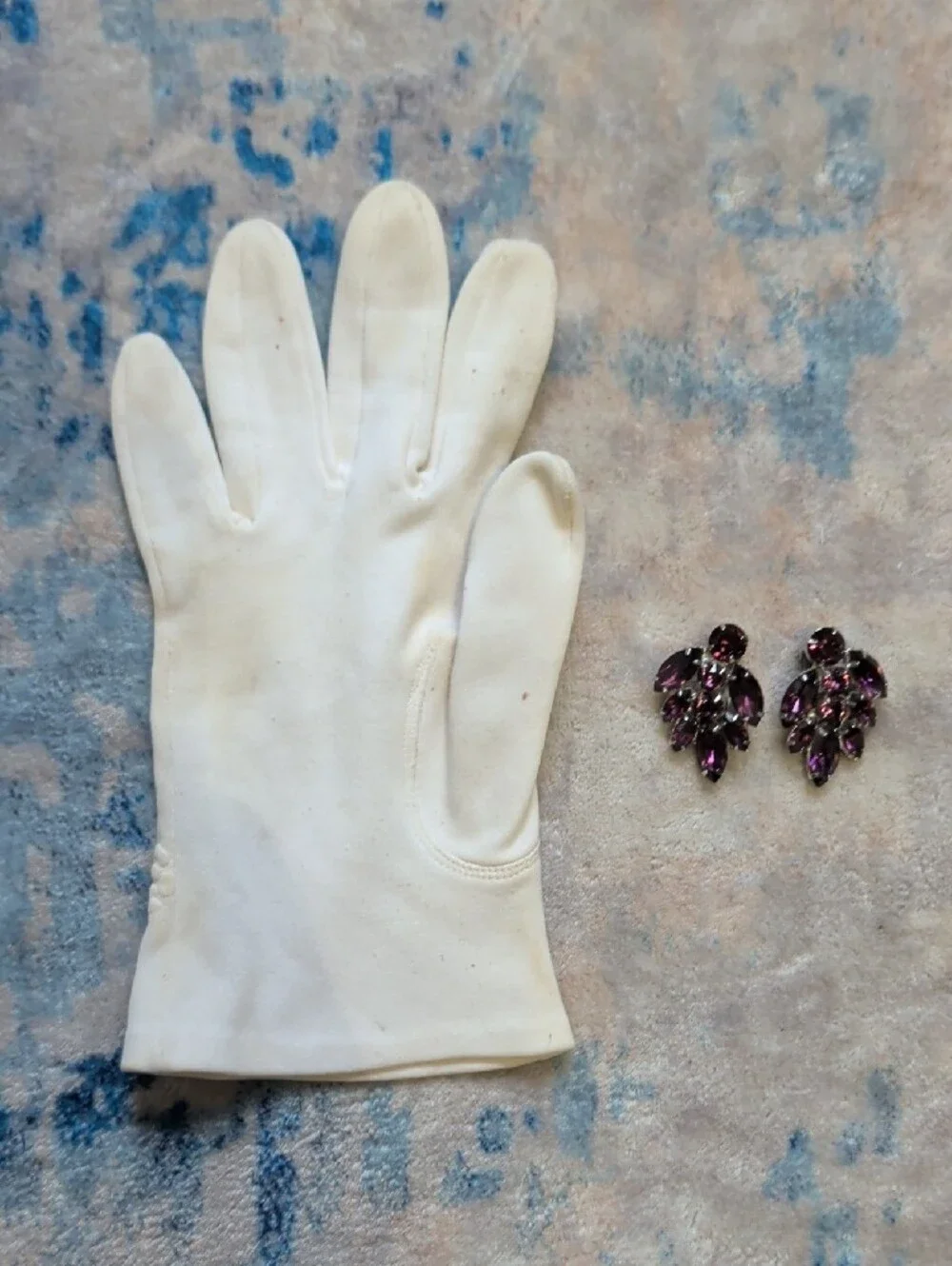 Vintage Purple Crystal Leaf Cluster Clip-On Earrings - Costume Jewelry Stamped